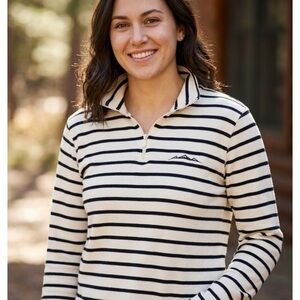 L.L. Bean Cream and Black Striped Quarter-Zip Sweatshirt